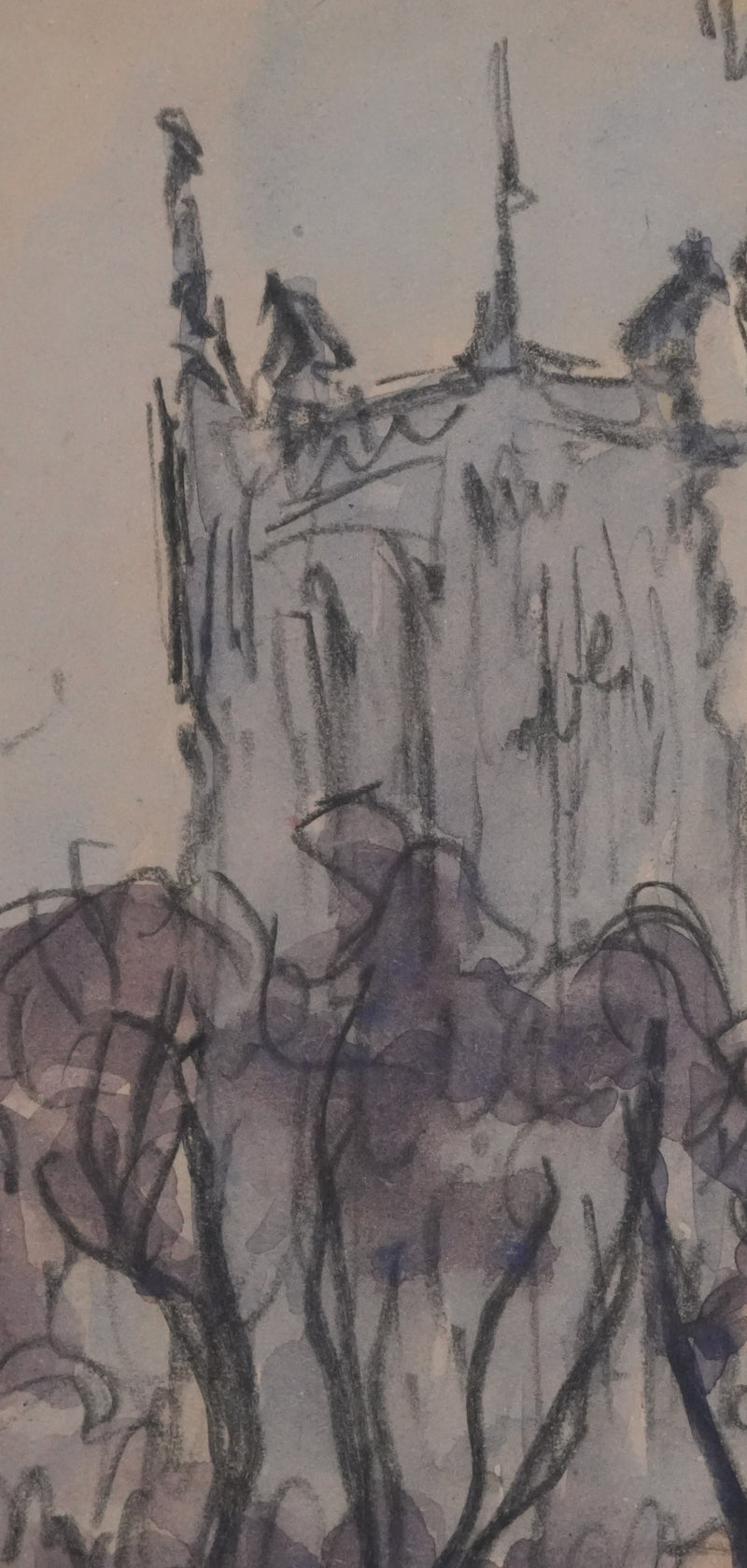 Joseph-Victor ROUX-CHAMPION : Paris, La place du Châtelet et la Tour Saint Jacques, Aquarelle originale