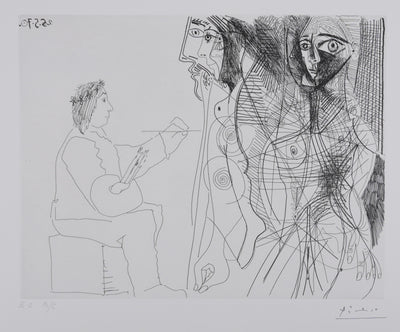 Pablo PICASSO : Les 156, Le Peintre et la femme, Gravure originale signée