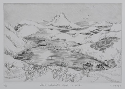 Camille COMBE : Eaux dormantes dans les sables, Gravure originale signée