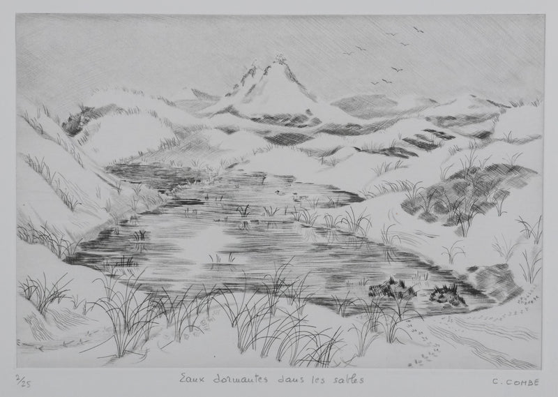 Camille COMBE : Eaux dormantes dans les sables, Gravure originale signée