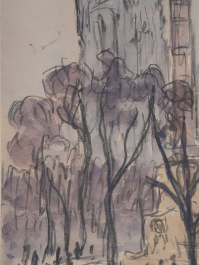 Joseph-Victor ROUX-CHAMPION : Paris, La place du Châtelet et la Tour Saint Jacques, Aquarelle originale