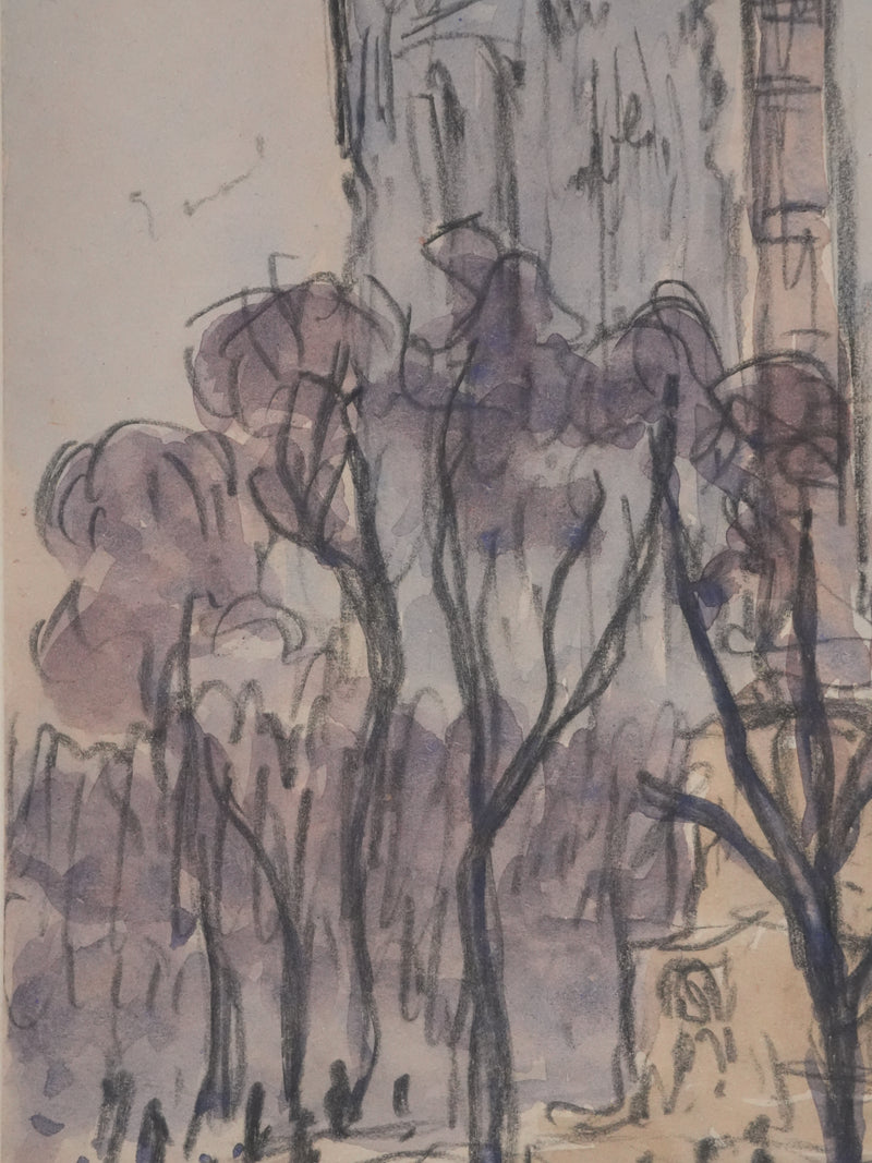 Joseph-Victor ROUX-CHAMPION : Paris, La place du Châtelet et la Tour Saint Jacques, Aquarelle originale