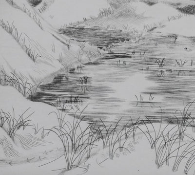 Camille COMBE : Eaux dormantes dans les sables, Gravure originale signée