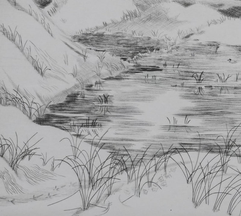 Camille COMBE : Eaux dormantes dans les sables, Gravure originale signée