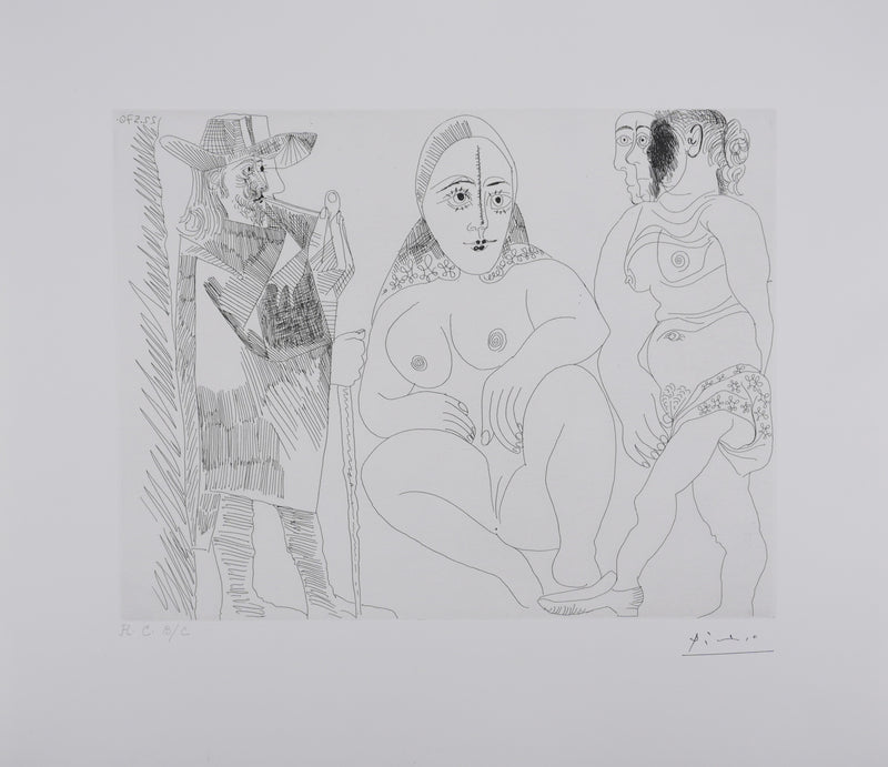 Pablo PICASSO : Les 156, Caballero à la pipe avec deux femmes dont une masquée, Gravure originale signée