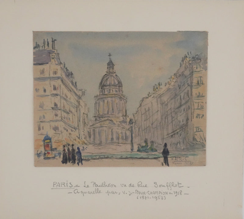 Joseph-Victor ROUX-CHAMPION : Paris, Le Panthéon depuis la Rue Soufflot, Aquarelle originale signée
