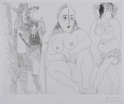 Pablo PICASSO : Les 156, Caballero à la pipe avec deux femmes dont une masquée, Gravure originale signée
