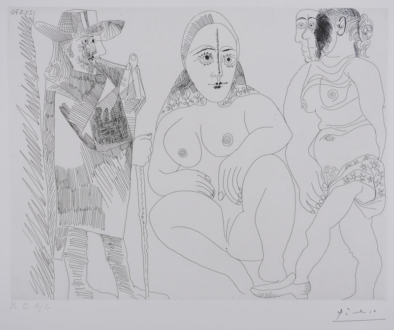 Pablo PICASSO : Les 156, Caballero à la pipe avec deux femmes dont une masquée, Gravure originale signée