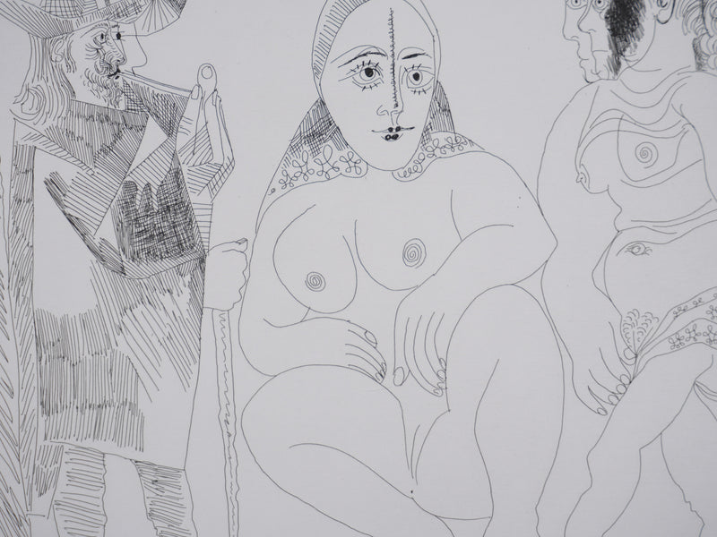 Pablo PICASSO : Les 156, Caballero à la pipe avec deux femmes dont une masquée, Gravure originale signée