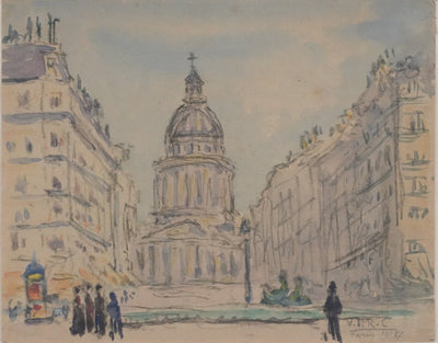 Joseph-Victor ROUX-CHAMPION : Paris, Le Panthéon depuis la Rue Soufflot, Aquarelle originale signée