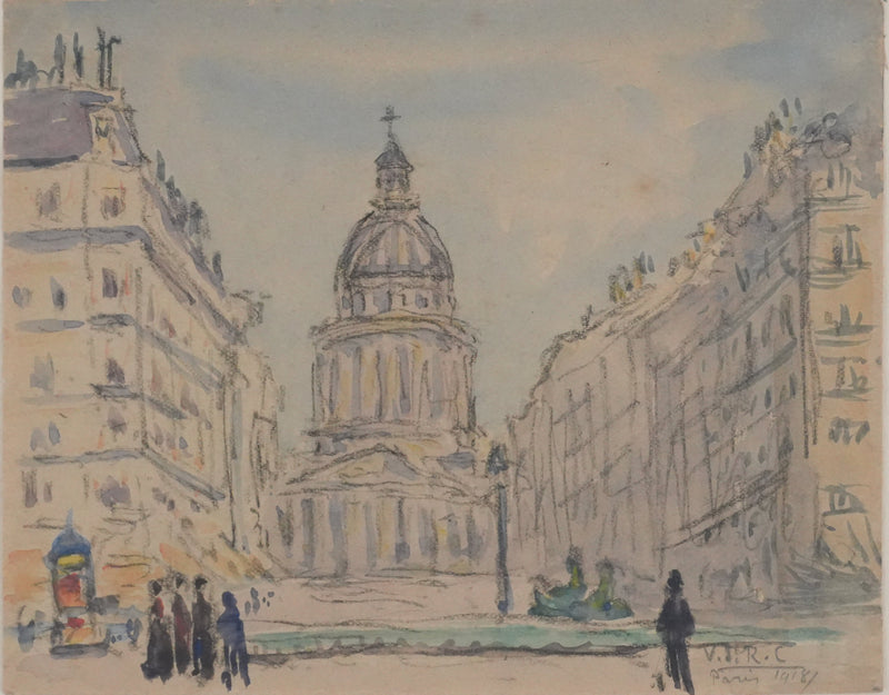 Joseph-Victor ROUX-CHAMPION : Paris, Le Panthéon depuis la Rue Soufflot, Aquarelle originale signée