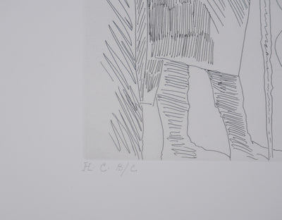 Pablo PICASSO : Les 156, Caballero à la pipe avec deux femmes dont une masquée, Gravure originale signée