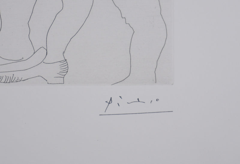 Pablo PICASSO : Les 156, Caballero à la pipe avec deux femmes dont une masquée, Gravure originale signée