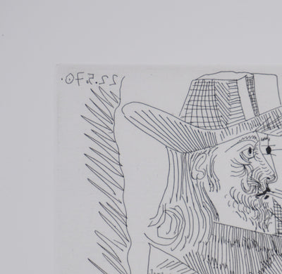 Pablo PICASSO : Les 156, Caballero à la pipe avec deux femmes dont une masquée, Gravure originale signée