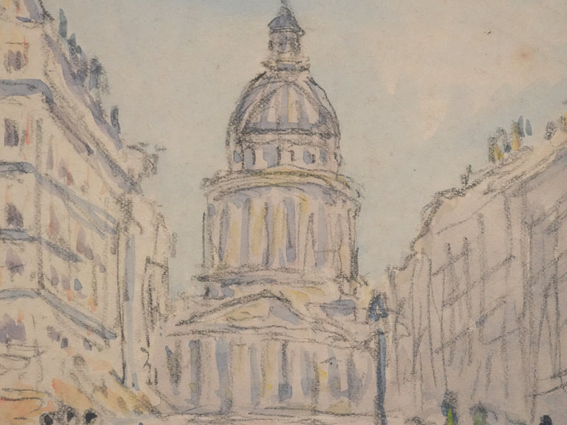 Joseph-Victor ROUX-CHAMPION : Paris, Le Panthéon depuis la Rue Soufflot, Aquarelle originale signée