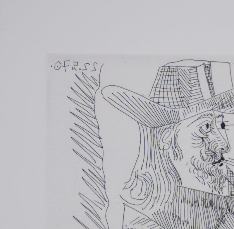 Pablo PICASSO : Les 156, Caballero à la pipe avec deux femmes dont une masquée, Gravure originale signée