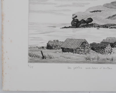 Camille COMBE : Les petites maisons d'antan, Gravure originale signée