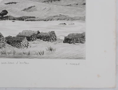 Camille COMBE : Les petites maisons d'antan, Gravure originale signée