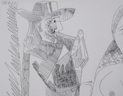 Pablo PICASSO : Les 156, Caballero à la pipe avec deux femmes dont une masquée, Gravure originale signée