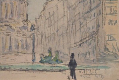 Joseph-Victor ROUX-CHAMPION : Paris, Le Panthéon depuis la Rue Soufflot, Aquarelle originale signée