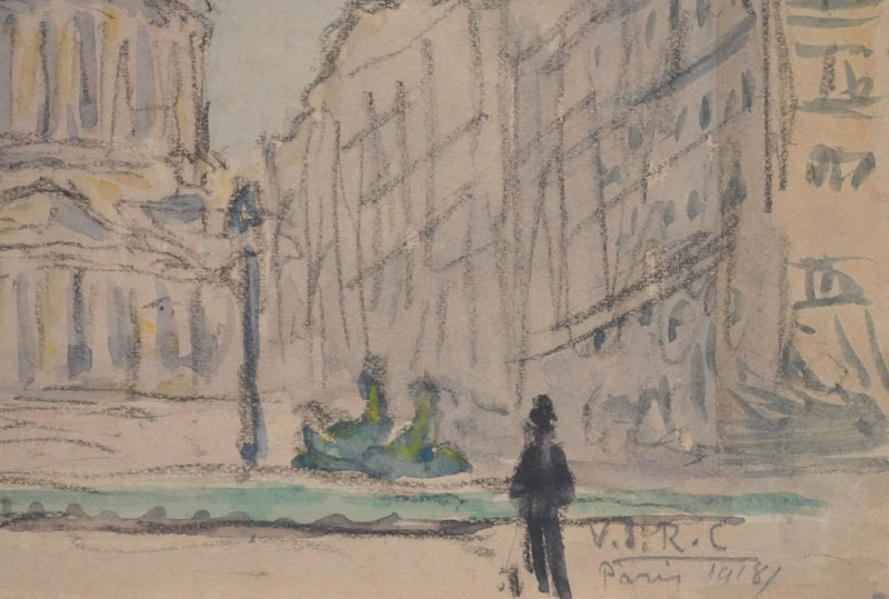 Joseph-Victor ROUX-CHAMPION : Paris, Le Panthéon depuis la Rue Soufflot, Aquarelle originale signée