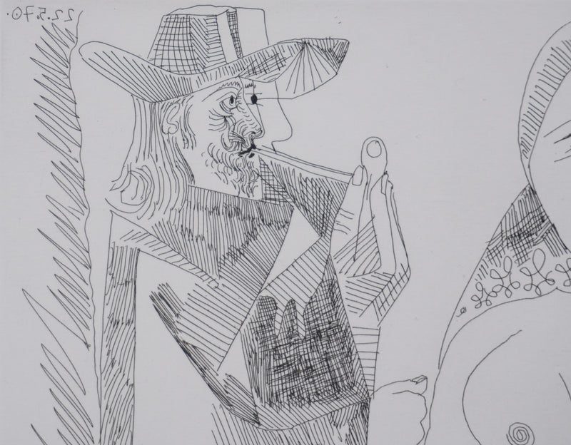 Pablo PICASSO : Les 156, Caballero à la pipe avec deux femmes dont une masquée, Gravure originale signée
