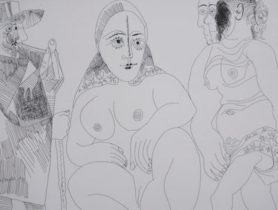 Pablo PICASSO : Les 156, Caballero à la pipe avec deux femmes dont une masquée, Gravure originale signée