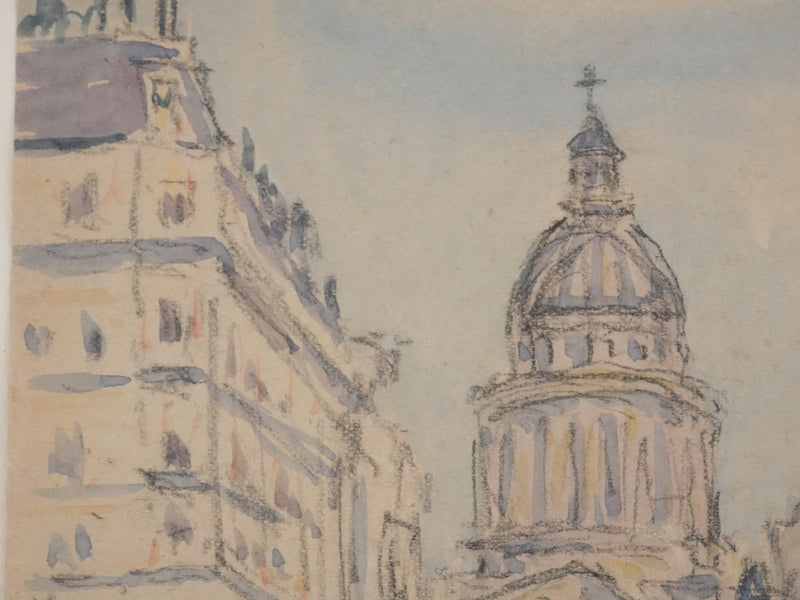 Joseph-Victor ROUX-CHAMPION : Paris, Le Panthéon depuis la Rue Soufflot, Aquarelle originale signée