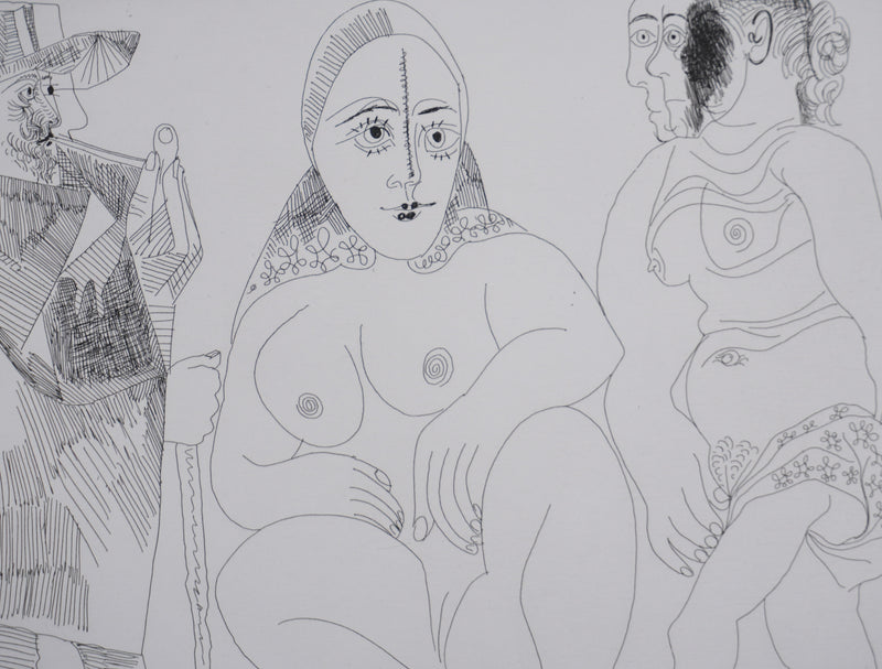 Pablo PICASSO : Les 156, Caballero à la pipe avec deux femmes dont une masquée, Gravure originale signée