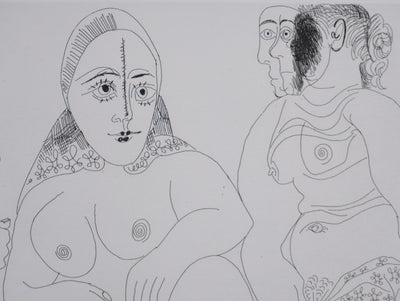 Pablo PICASSO : Les 156, Caballero à la pipe avec deux femmes dont une masquée, Gravure originale signée