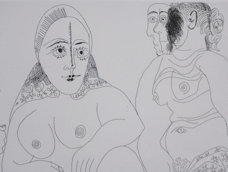 Pablo PICASSO : Les 156, Caballero à la pipe avec deux femmes dont une masquée, Gravure originale signée