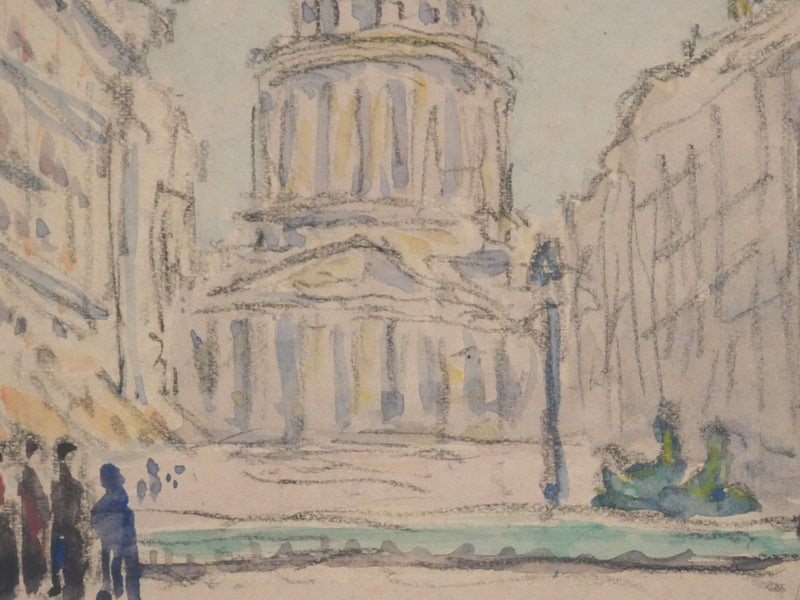 Joseph-Victor ROUX-CHAMPION : Paris, Le Panthéon depuis la Rue Soufflot, Aquarelle originale signée