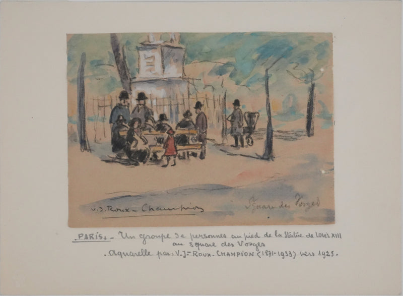 Joseph-Victor ROUX-CHAMPION : Paris, Retrouvaille à La Place des Vosges, Aquarelle originale signée