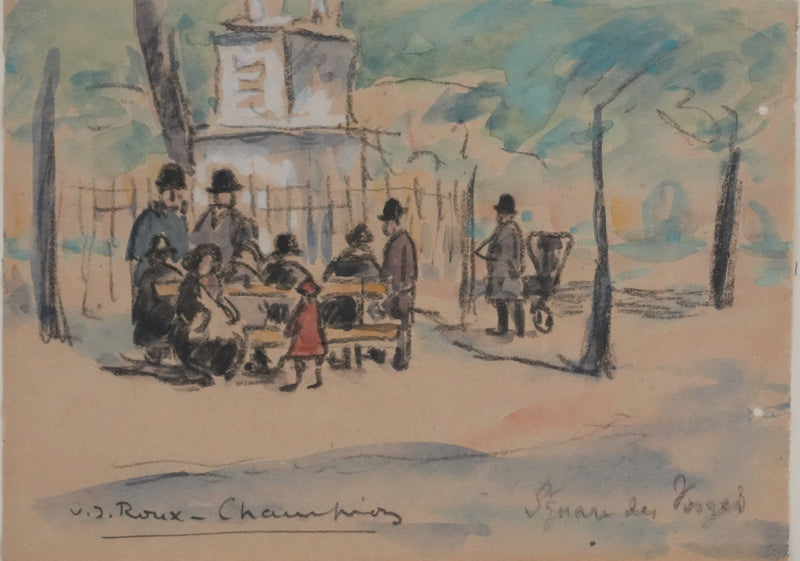 Joseph-Victor ROUX-CHAMPION : Paris, Retrouvaille à La Place des Vosges, Aquarelle originale signée
