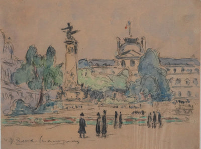 Joseph-Victor ROUX-CHAMPION : Paris, Balade au Jardin du Luxembourg, Aquarelle originale signée