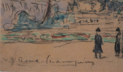 Joseph-Victor ROUX-CHAMPION : Paris, Balade au Jardin du Luxembourg, Aquarelle originale signée