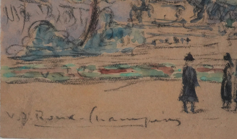 Joseph-Victor ROUX-CHAMPION : Paris, Balade au Jardin du Luxembourg, Aquarelle originale signée