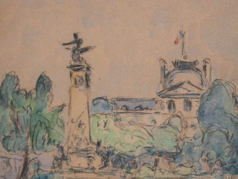 Joseph-Victor ROUX-CHAMPION : Paris, Balade au Jardin du Luxembourg, Aquarelle originale signée