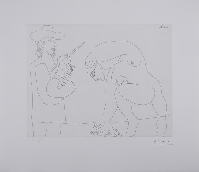 Pablo PICASSO : Les 156, Peintre et femme cueillant des fleurs, Gravure originale signée