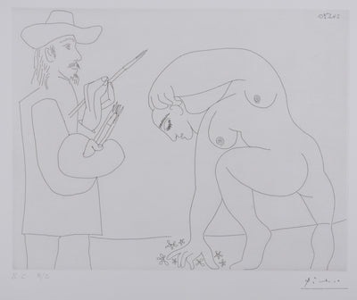 Pablo PICASSO : Les 156, Peintre et femme cueillant des fleurs, Gravure originale signée