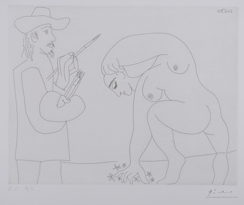 Pablo PICASSO : Les 156, Peintre et femme cueillant des fleurs, Gravure originale signée