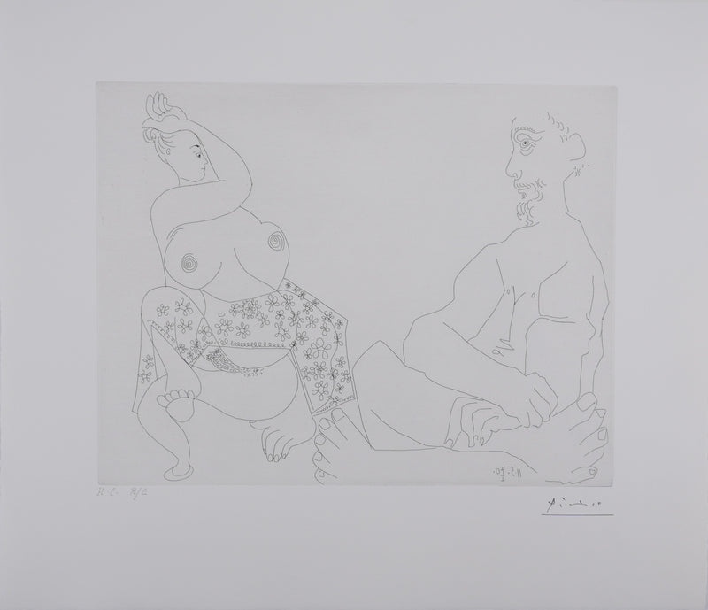 Pablo PICASSO : Les 156, Danse du ventre devant un homme impassible, Gravure originale signée