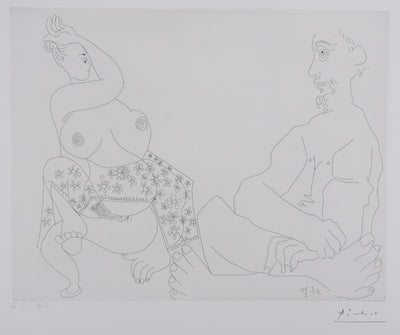 Pablo PICASSO : Les 156, Danse du ventre devant un homme impassible, Gravure originale signée
