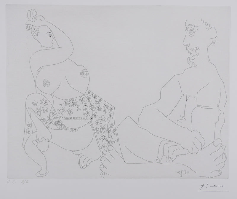 Pablo PICASSO : Les 156, Danse du ventre devant un homme impassible, Gravure originale signée