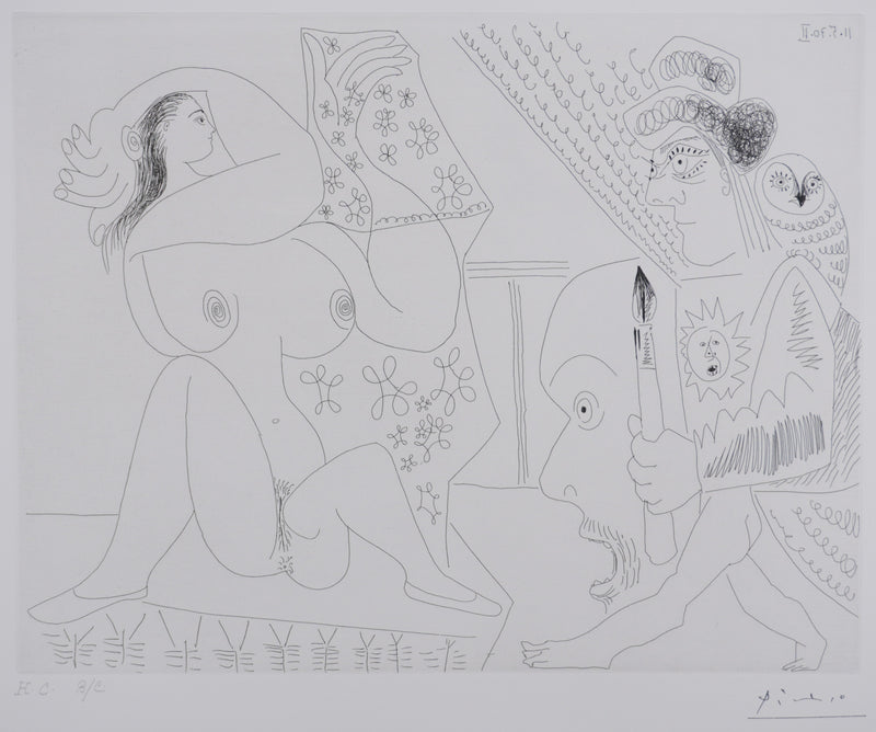 Pablo PICASSO : Les 156, Jeune peintre-Persée avec une chouette et odalisque-Méduse, Gravure originale signée