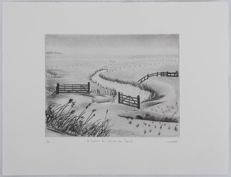 Camille COMBE : A travers les plaines du Nord, Gravure originale signée