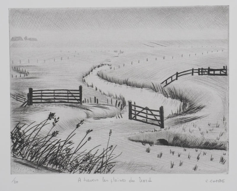 Camille COMBE : A travers les plaines du Nord, Gravure originale signée