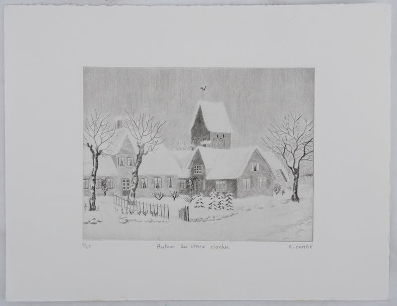 Camille COMBE : Autour du vieux clocher, Gravure originale signée