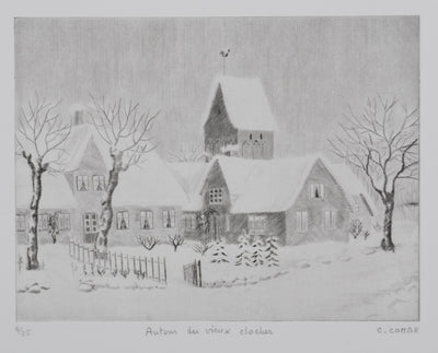 Camille COMBE : Autour du vieux clocher, Gravure originale signée