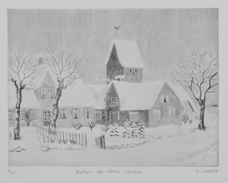 Camille COMBE : Autour du vieux clocher, Gravure originale signée